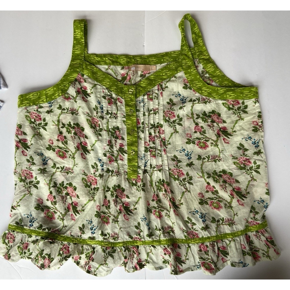 Floral Cotton Tank Top Cami Green Trim Ruffle Hem Pleated Women's XL La Cera